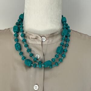Premier Designs Chunky Faux Turquoise Silver Double Strand Necklace Choker